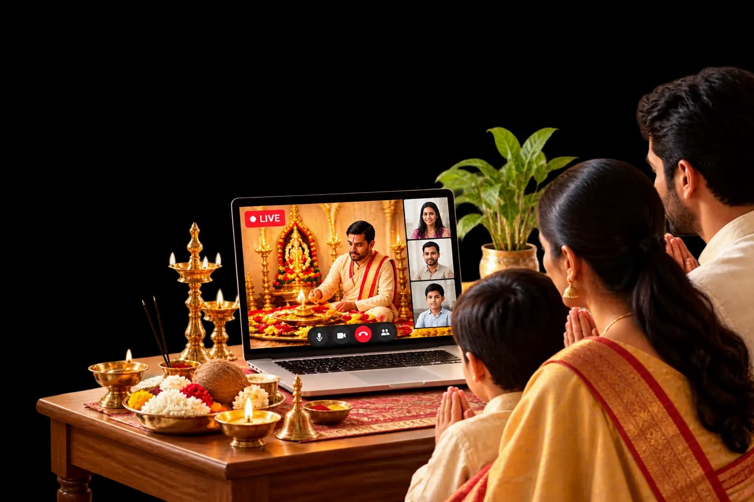 Family joining a live Virtual Puja over video call